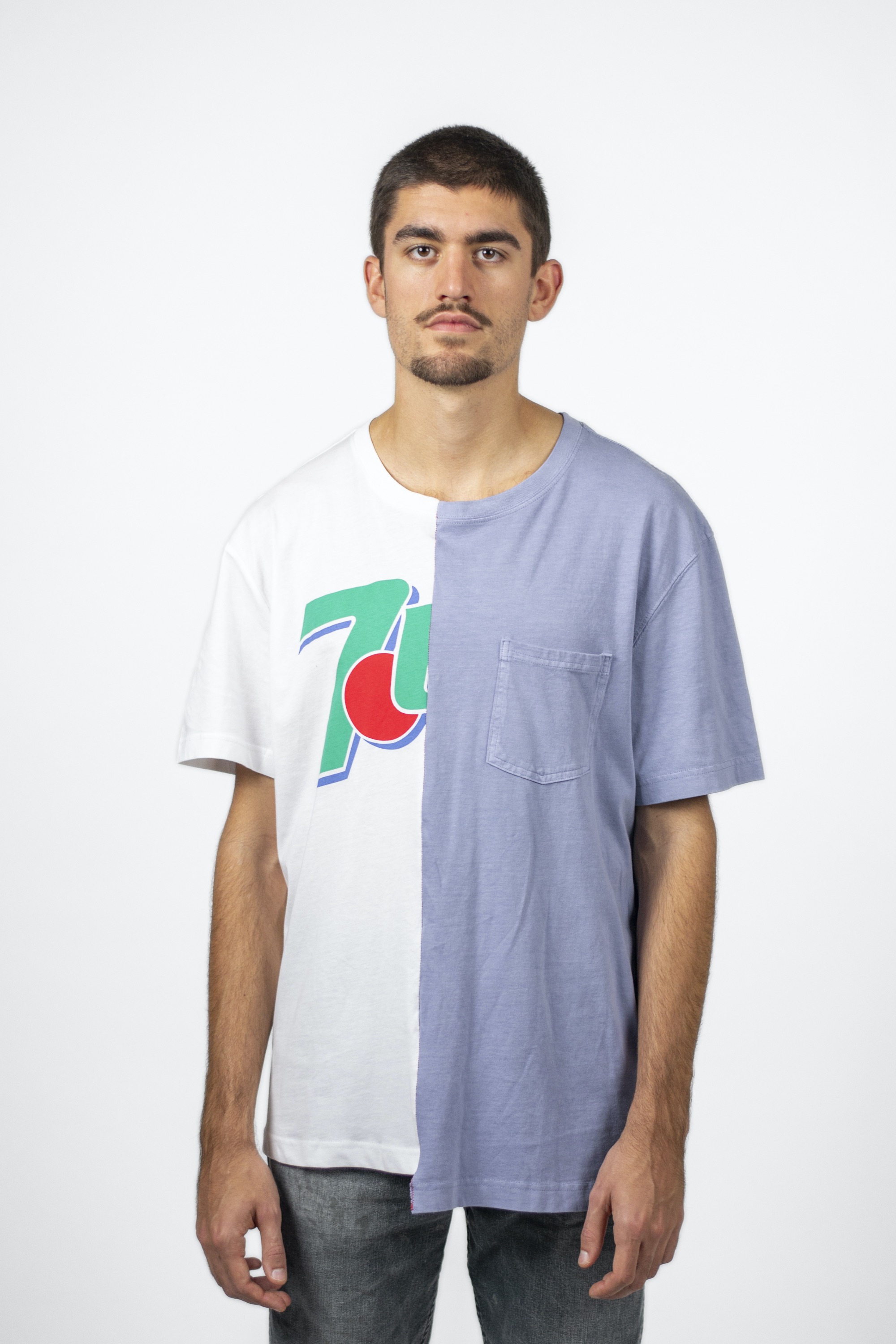 A model wearing repaired t-shirt